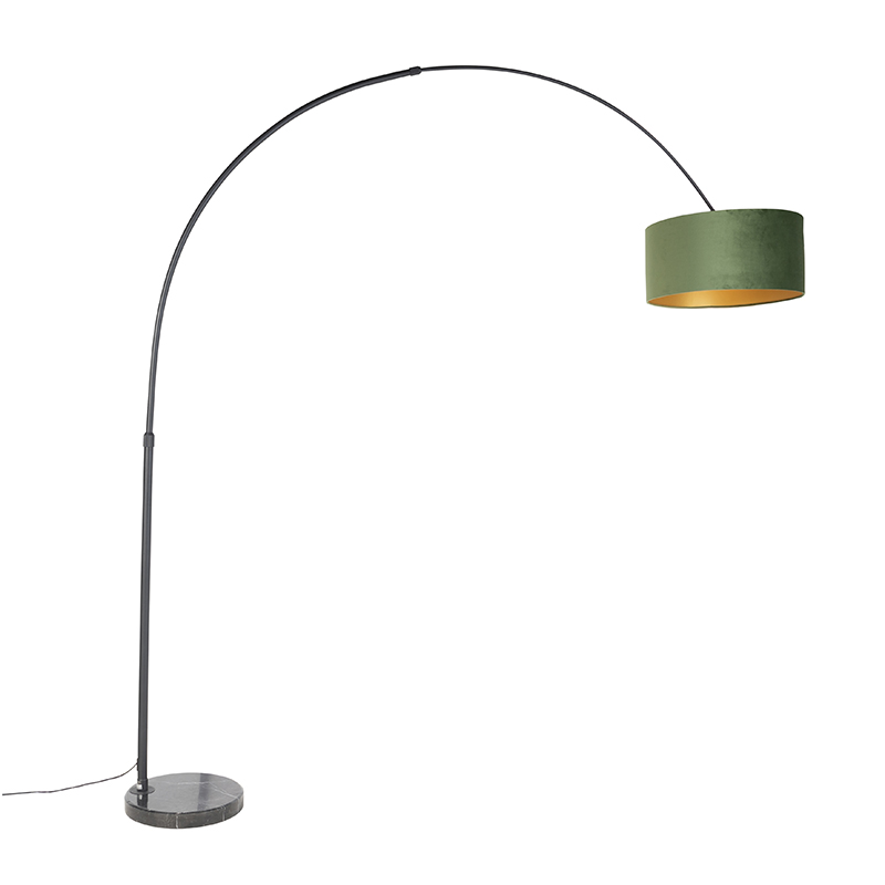 QAZQA Lampa Arc czarny aksamitny klosz zielony ze złotem 50 cm - XXL