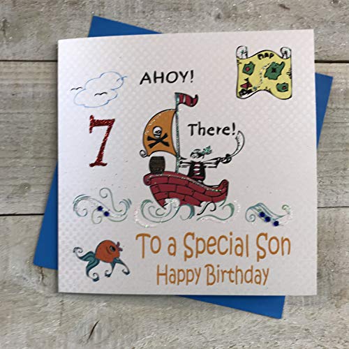 WHITE COTTON CARDS białe bawełniane karty statek piracki, To A Special Son Happy AHOY' 17 cm ręcznie robiona kartka z 7 urodzinami, biała, GL214-7 GL214-7
