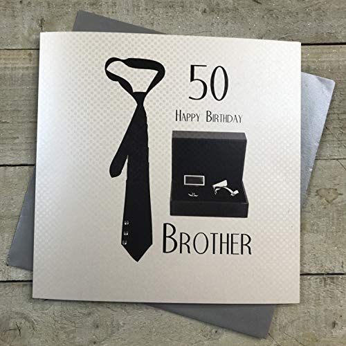 WHITE COTTON CARDS white cotton cards Duży krawat i spinki do mankietów 50 'Happy Brother' ręcznie wykończona kartka na 50. urodziny, XSBC50-B XSBC50-B