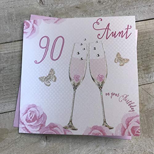 WHITE COTTON CARDS 'Happy 90th Birthday' kartka cioci kieliszki do szampana różowe róże od białych bawełnianych kart SS42-A90 SS42-A90