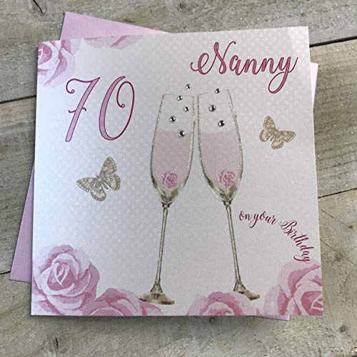 WHITE COTTON CARDS 'Happy 70th Birthday' karta niania kieliszki do szampana różowe róże od białych bawełnianych kart SS42-NNY70 SS42-NNY70