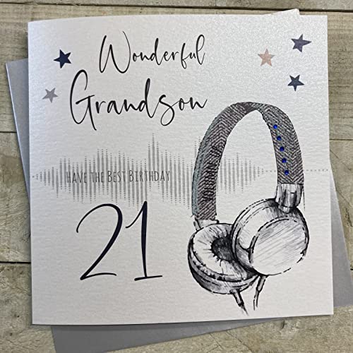 WHITE COTTON CARDS białe bawełniane karty Grandson 21 Happy, duża ręcznie wykonana kartka na 21. urodziny (kod XSB66-21, słuchawki) XSB66-21