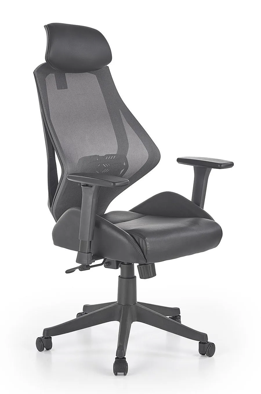 Elior Ergonomiczny czarny fotel obrotowy z regulacją oparcia i zagłówkiem D8-W52