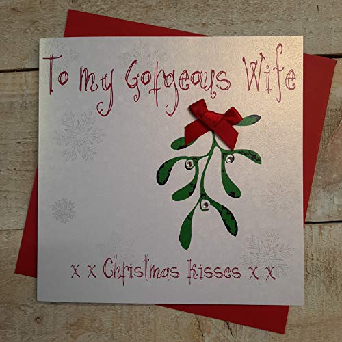 White Cotton Cards 'To My Gorgeous Wife Kissess' xxx' ręcznie wykonana kartka świąteczna (Mistletoe)