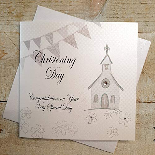 białe bawełniane kartki 'Gratulations On Your Very Special Day', ręcznie robiona kartka na chrzest (srebrny, kościół)