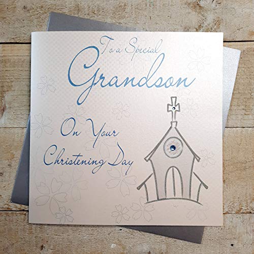 WHITE COTTON CARDS białe bawełniane karty Kod XLWB40 To A Special Grandson on Your chrzest, ręcznie robione duże kartki na chrzest niebieski kościół XLWB40