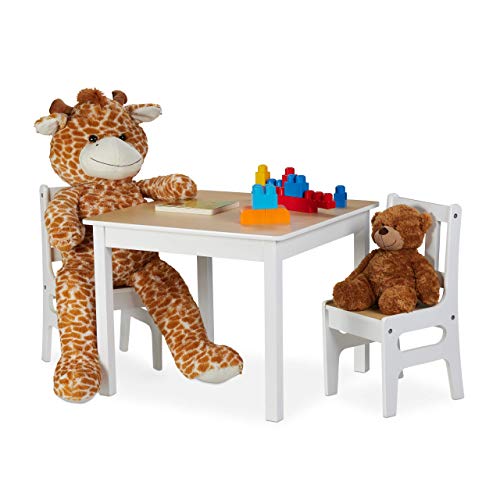 Relaxdays stół dziecięcy z 2 krzesłami, zestaw mebli do zabawy, zestaw 3-częściowy, wytrzymały, MDF, biały/naturalny, 48 x 60 x 60 cm
