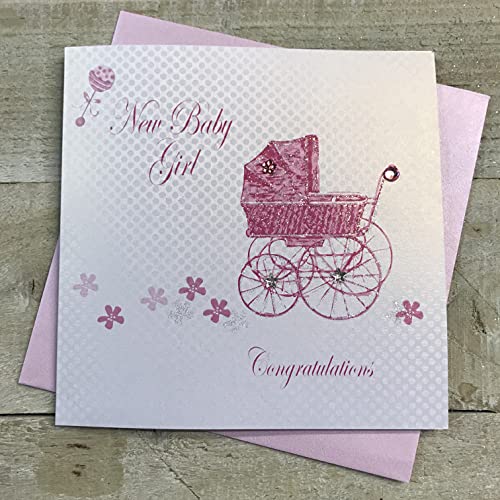WHITE COTTON CARDS Białe bawełniane kartki Różowy Wózek, Dziewczyna Gratulacje Ręcznie robione Nowa Karta dla Dziecka, BD187 BD187