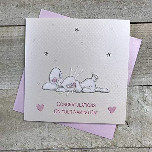 White Cotton Cards Różowy haftowany króliczek gratulacje ręcznie wykonana karta na dzień imieniny, BD71