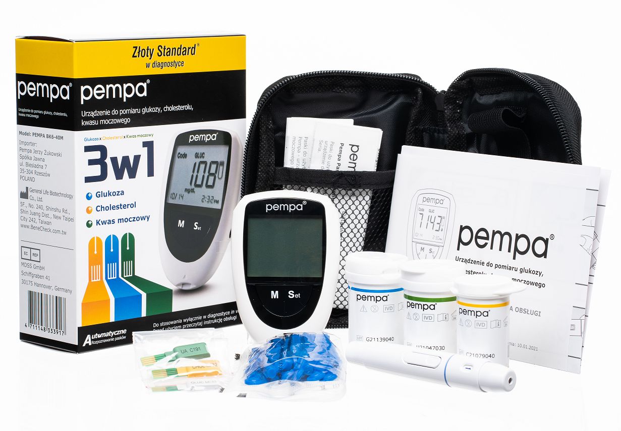 Urządzenie 3w1 do pomiaru glukozy, cholesterolu i kwasu moczowego - wielofunkcyjne urządzenie do użytku domowego (Pempa 3w1)