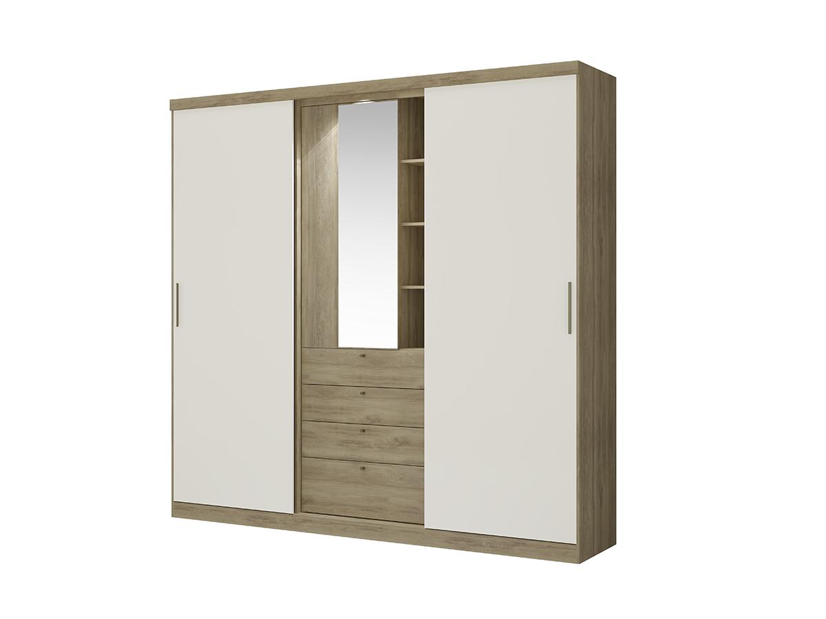 Szafa BODIL - drzwi przesuwne - Lustro i szuflady - dł.240 cm - Kolor: dąb i kość słoniowa
