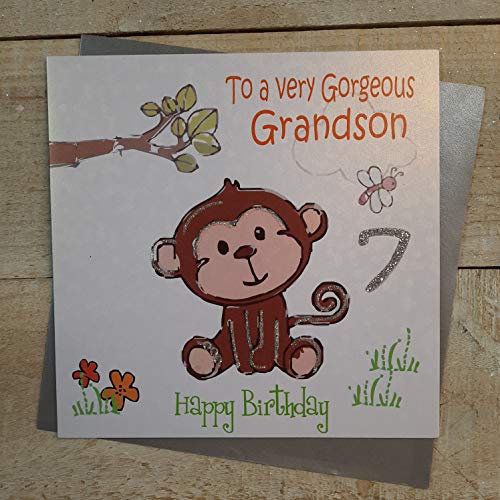 white cotton cards 'To A Very Gorgeous Grandson 7 Happy', ręcznie wykonana kartka na 7. urodziny (bezczelna małpa)
