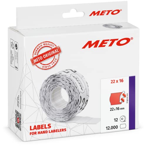 METO Etykiety do ręcznych etykietek 30007334 (22 x 16 mm, 2-wierszowe, 12 000 sztuk, stałe przylegające, do METO, Contact, Sato, Avery, Tovel, Samark itd.) 12 rolek, fluorescencyjna czerwień