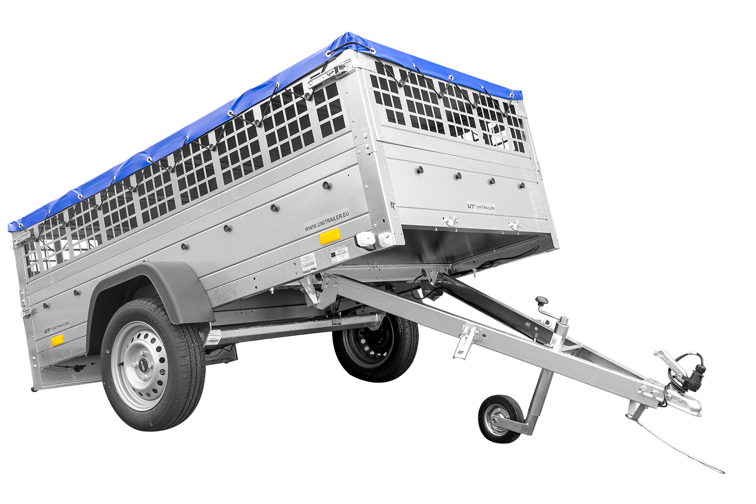 UNITRAILER Przyczepka jednoosiowa wywrotka do samochodu osobowego GARDEN TRAILER 230 KIPP z kołem podporowym, burtami siatkowymi i pokrowcem płaskim niebieskim na stelażu UT004479