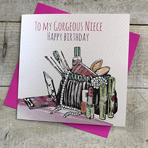 WHITE COTTON CARDS white cotton cards 'To My Gorgeous Siostrzenice' ręcznie robiona kartka urodzinowa z wzorem torby do makijażu, E64-n