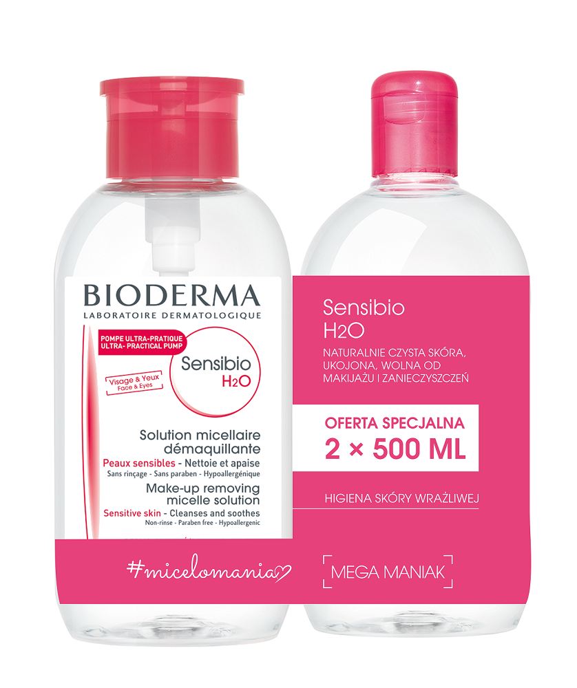 Bioderma Sensibio H2O 500ml pompka + Sensibio H2O 500ml bez pompki - płyn micelarny