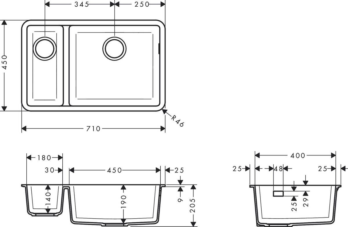 Hansgrohe S51 Zlewozmywak granitowy półtorakomorowy 71x45 cm grafitowa czerń 43433170