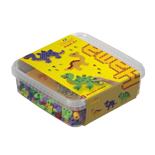 Hama Perlen 8742 pudełko z dinozaurami z ok. 600 kolorowymi koralikami maksi o średnicy 10 mm, przezroczysty blat na długopisy, w zestawie papier do prasowania, kreatywna zabawa dla dużych i małych
