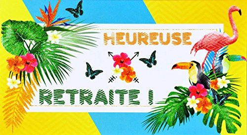 afie afie 69-4219 kartka z życzeniami na emeryturę z cekinami, flamingiem, tukanem, kwiatem, hibiskusem, egzotyczna, palma, modna, ptaki, motyl 69-4219
