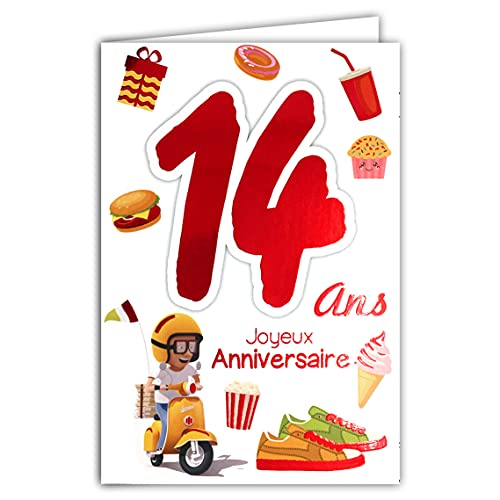 Afie 69-2114 kartka z życzeniami na 14. urodziny dla chłopców i dziewczynek – skuter Vespa prezenty do ciast, babeczek, hamburgerów, koszykówki