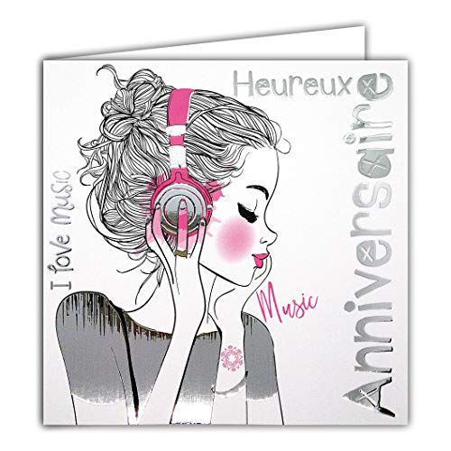 Afie Afie 22071 kartka z życzeniami na urodziny chłopiec dziewczynka I Love Music T-Shirt srebrny błyszczący  kwadratowa kartka 145 x 145 mm z kopertą  wyprodukowano we Francji 3700676644139