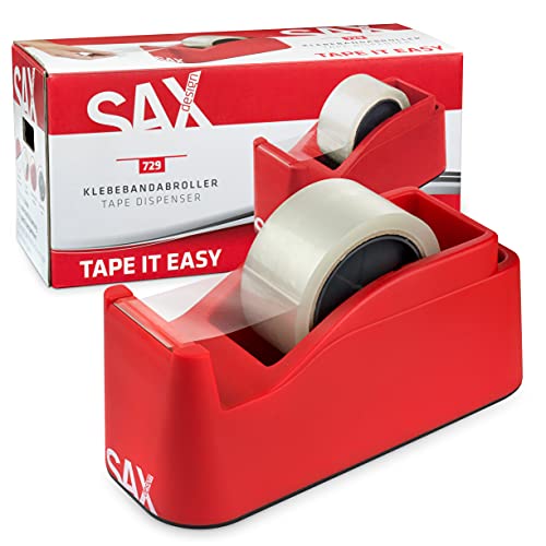 SAX Tape it Easy XXL jednoręczny dozownik taśmy klejącej, bardzo ciężki | do 1 taśmy 50 mm lub 2 x 25 mm, dozownik taśmy z funkcją uchwytu na długopisy, antypoślizgowy, w zestawie z dwustronnym