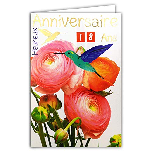 Afie Kartka z życzeniami urodzinowymi, dla dzieci w wieku od 1 do 110 lat, tekst złoty błyszczący  bukiet kwiatów w kolorze róż, pomarańcz, ptaki kolibris, niebieski, zielony 65-1245