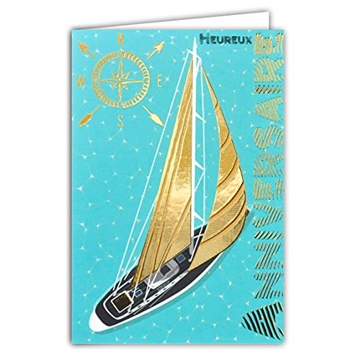 Afie Kartka z życzeniami na urodziny, czarny i złoty, żeglarski, nawigacja morska, kompas, błyszcząca, modna 69-7059