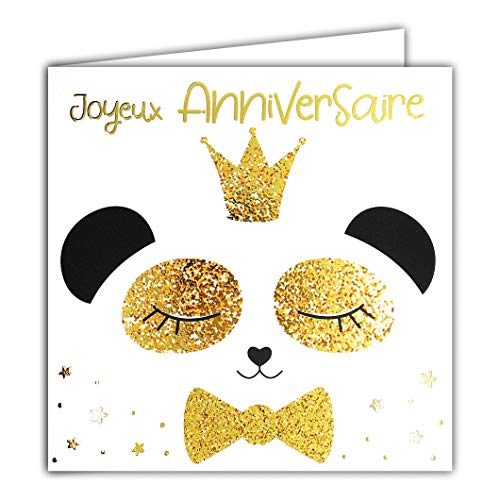 Afie Afie 22067 kartka Happy Birthday Panda w kolorze złotym błyszcząca  kwadratowa kartka 145 x 145 mm z kopertą  produkcja francuska; korona; królowa, księżniczka, kokarda, gwiazdy, 22067
