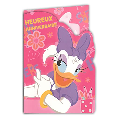 200004!DAISY! Kartka urodzinowa, z naklejkami, Disney Junior Daisy Duck Minnie Maus, kot, Figaro, Kanari, Franka – z kopertą, różowa, fioletowa, 12 x 17,5 cm
