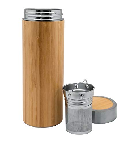 NERTHUS Herbata FIH 800 herbata 360 ml butelka ze stali nierdzewnej z podwójną ścianką, kubek podróżny termos, szklany dzbanek, 0,36 litra, metal, bambus