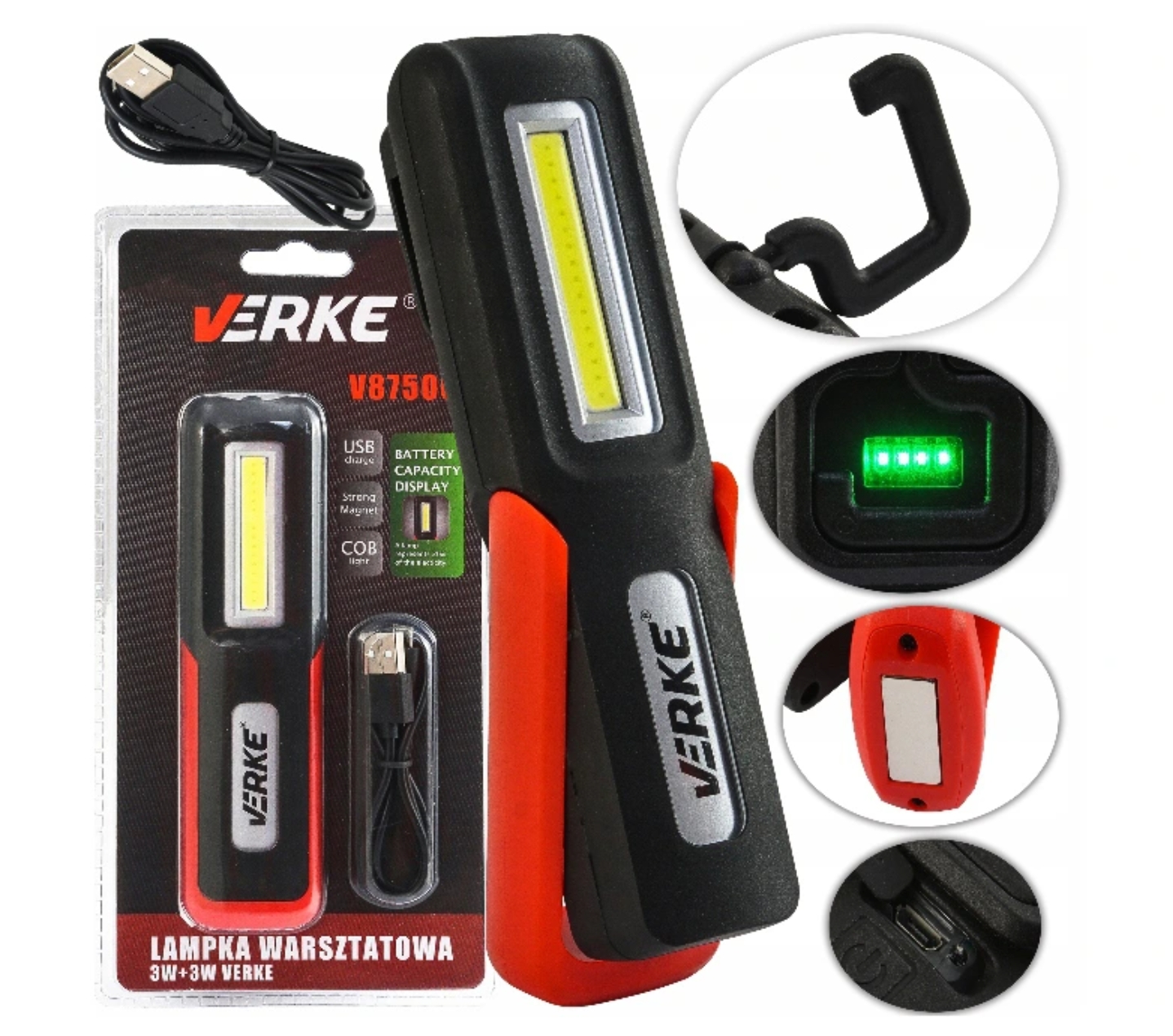 Latarka Warsztatowa Lampka Usb Led Cob Verke 3W LI