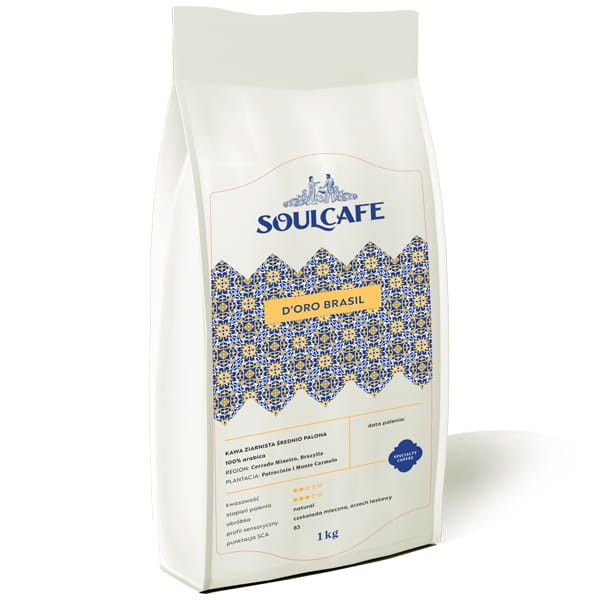 Wyprodukowano dla Sklepy Cynamonowe SoulCafe d'oro Brasil Speciality kawa ziarnista S.CAF.BRAS.D.OR.1KG