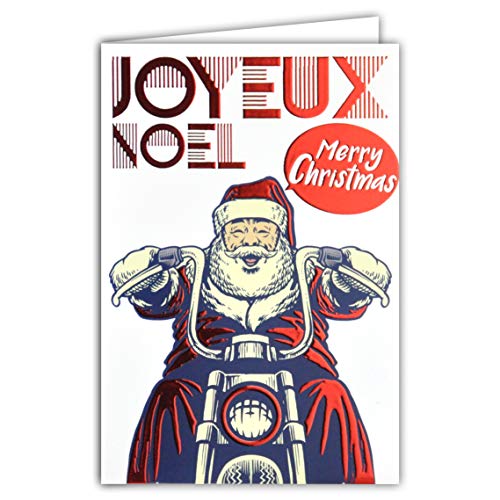Kartka Frohe Boże Narodzenie Merry Christmas Mikołaj czapka wąsy motocykl wysyłka prezenty czerwony błyszczący