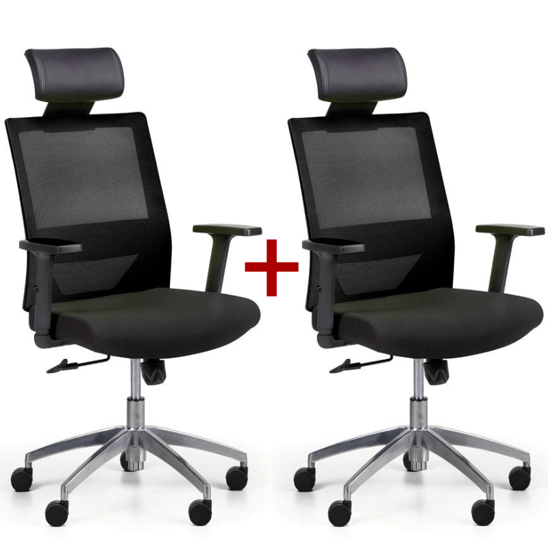 B2B Partner Krzesło biurowe z oparciem z siatki WOLF II, regulowane podłokietniki, aluminiowy krzyżak, 1+1 GRATIS, czarne 407069