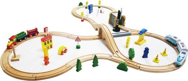 Ecotoys Drewniana kolejka tory pociąg na baterie 69 elementów Ecotoys universal