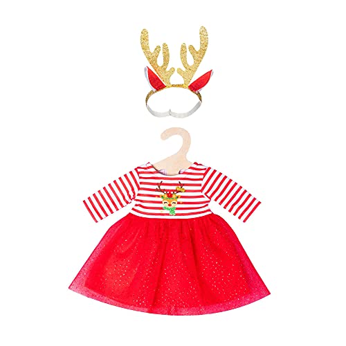 Heless Heless 2151 2151 bożonarodzeniowa sukienka dla lalek z motywem renifera Rudi, w zestawie opaska na włosy z przepięknym złotym porożem, rozmiar 35-45 cm, czerwona 2151