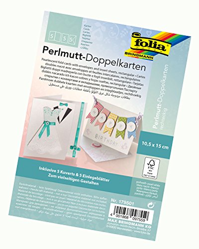 folia Folia 179501  podwójne kartki z masy perłowej, ok. 10,5 x 15 cm, 250 g/m, zestaw 5 sztuk, perłowo-biały  idealne na zaproszenia, kartki z życzeniami lub życzenia 179501