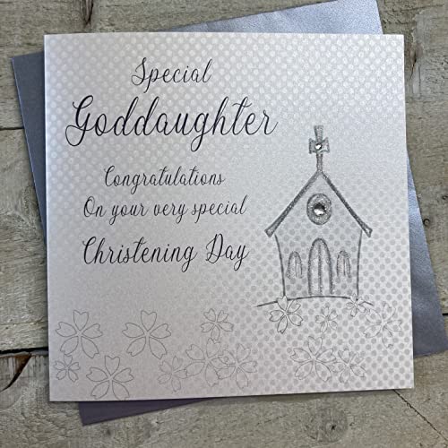 WHITE COTTON CARDS białe bawełniane kartki srebrny kościół, Dzień chrzestna chrzestna kartka z życzeniami ręcznie wykonana chrzest, biała, WB46C-GOD/D WB46C-GOD/D