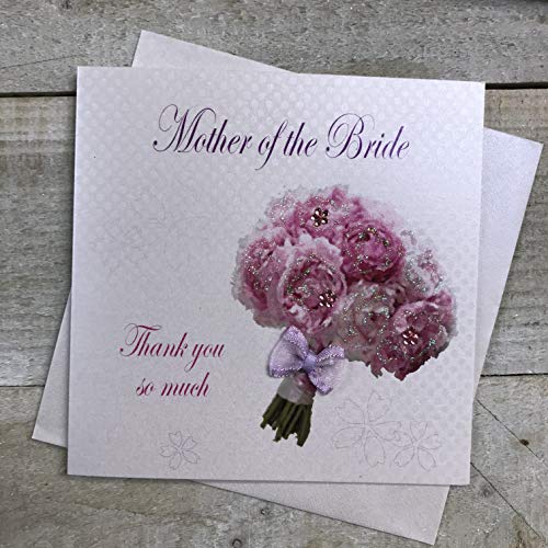 WHITE COTTON CARDS White Cotton Cards Mother of The Bride Thank You So Much ślubna ręcznie wykonana kartka z bukietem, biała, PD14 PD14