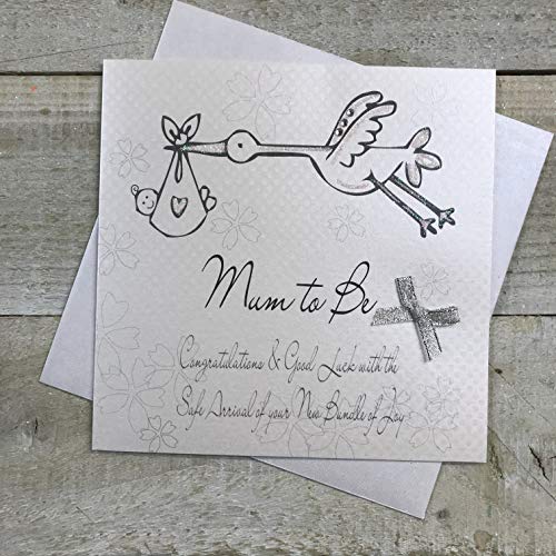 White Cotton Cards Silver Stork Congratulations & Good Luck ręcznie robiona karta 'Mum to Be', BD16