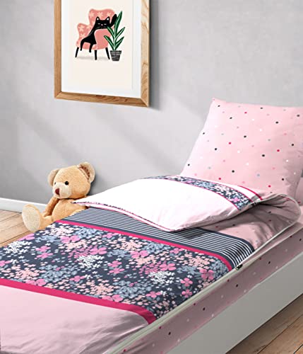 Bleu Câlin Caradou Parure de Lit Enfant 4 Pièces, Coton, Couette incluse, LUCILE Rose, 90x190 cm, CAR C90