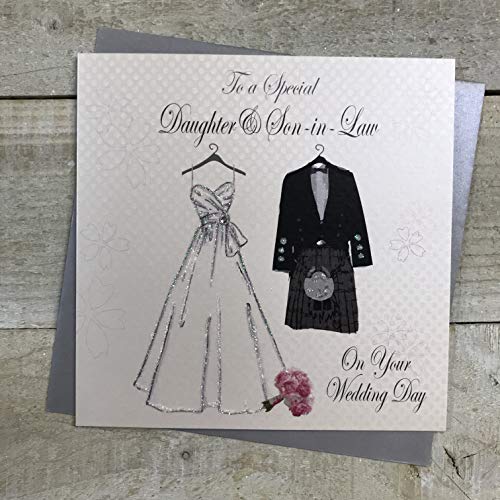 White Cotton Cards 'To a Special Daughter and teściowa on Your Wedding Day Bride Gown and Kilt' ręcznie wykonana szkocka kartka, PS2