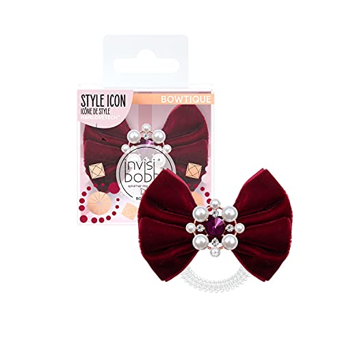 Invisibobble Bowtique kokardka do włosów, spiralna gumka do włosów, kolor bordowo-czerwony z perłami I ozdoba do włosów dla dziewcząt i kobiet I Limit