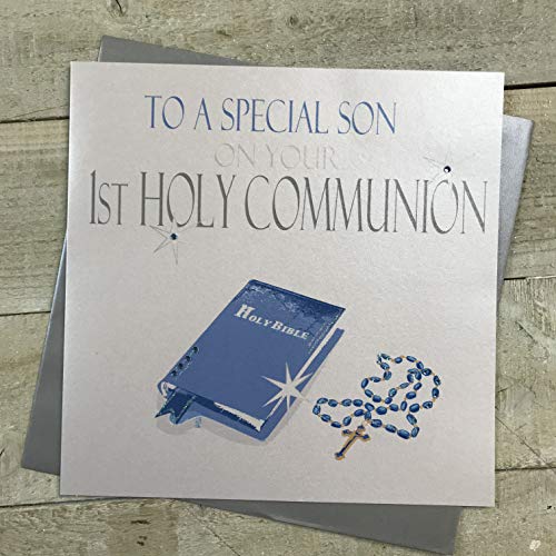 WHITE COTTON CARDS white cotton cards Duża ręcznie robiona 'A Special Son On Your 1st komunia' niebieska karta biblijna, biała, XN89S XN89S
