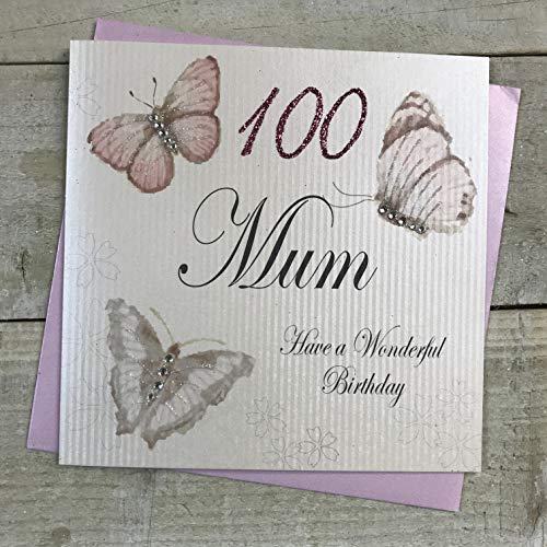 white cotton cards Ręcznie wykonana 100 Mum Have a Wonderful Vintage Motyle Kartka na 100-te urodziny, biała, PM100