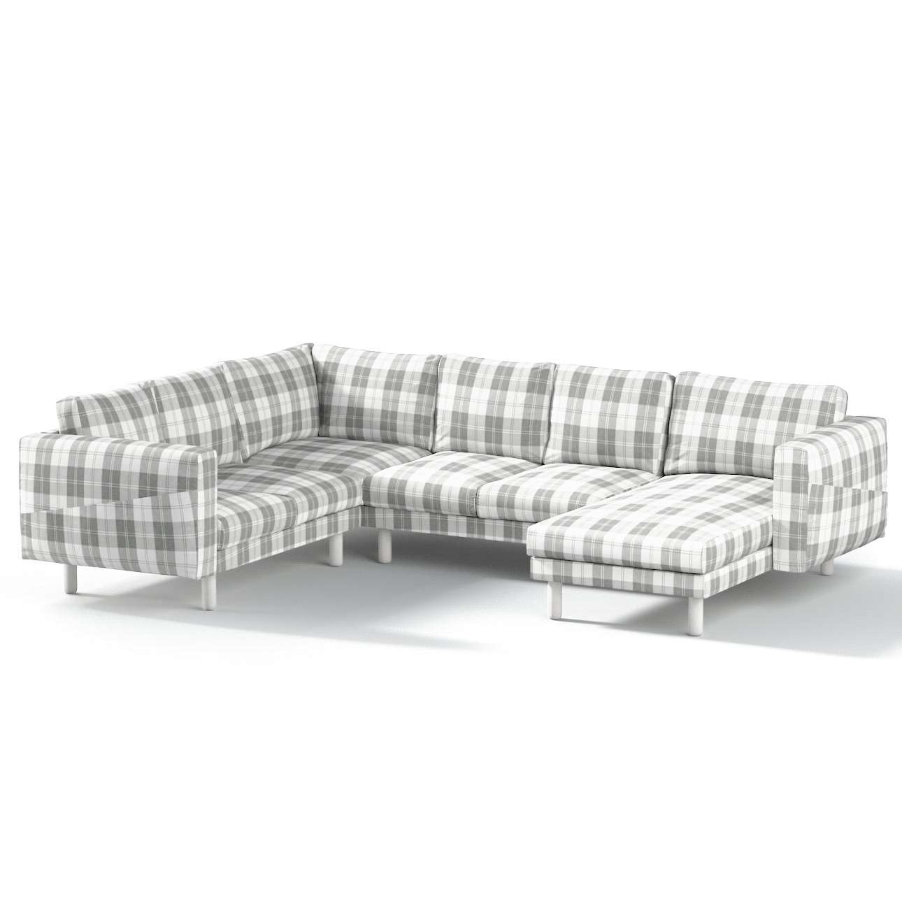 Dekoria pl pl Pokrowiec na sofę narożną Norsborg 5-osobową z szezlongiem krata szaro-biała 231/291 x 88/157 x 85 cm Edinburgh 1030-115-79