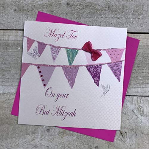 WHITE COTTON CARDS Białe bawełniane kartki Mazel Tov on Your Bat Mitzvah chorągiewka ręcznie wykonana żydowska kartka, Jebd190 Jebd190