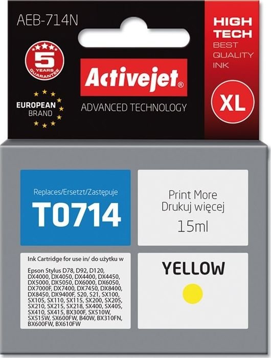 Tusz Activejet Activejet Tusz Activejet AEB-714N zamiennik Epson T0714, T0894, T1004; Supreme; 15 ml; żółty