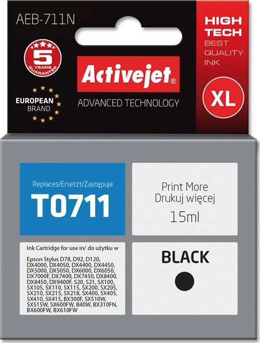 Tusz Activejet Activejet Tusz Activejet AEB-711N zamiennik Epson T0711, T0891, T1001; Supreme; 15 ml; czarny